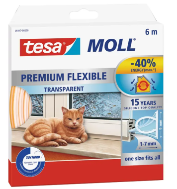 tesamoll Premium Flexible - Selbstklebende Silikondichtung zum Isolieren, transparent, 6 m, 05417-00100-01